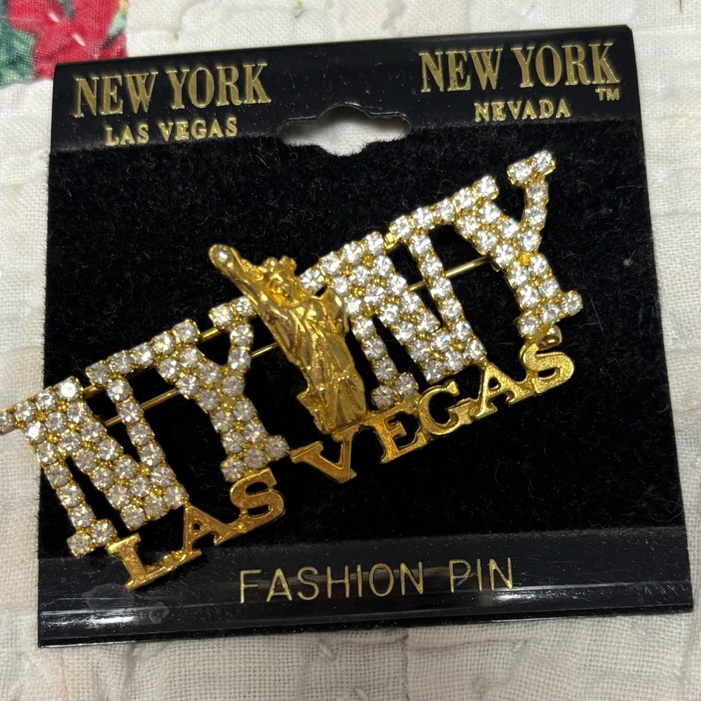 NYNY Las Vegas Gold and Rhinestone Pin